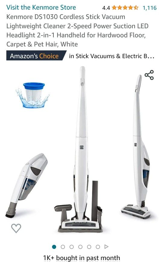 Kenmore DS1030 Cordless Stick Vacuum Lightweight Cleaner 2-Speed Power Suction LED Headlight