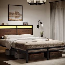 Vintage Full Size Bed Frame with Storage LED Headboard, No Box Spring Needed
