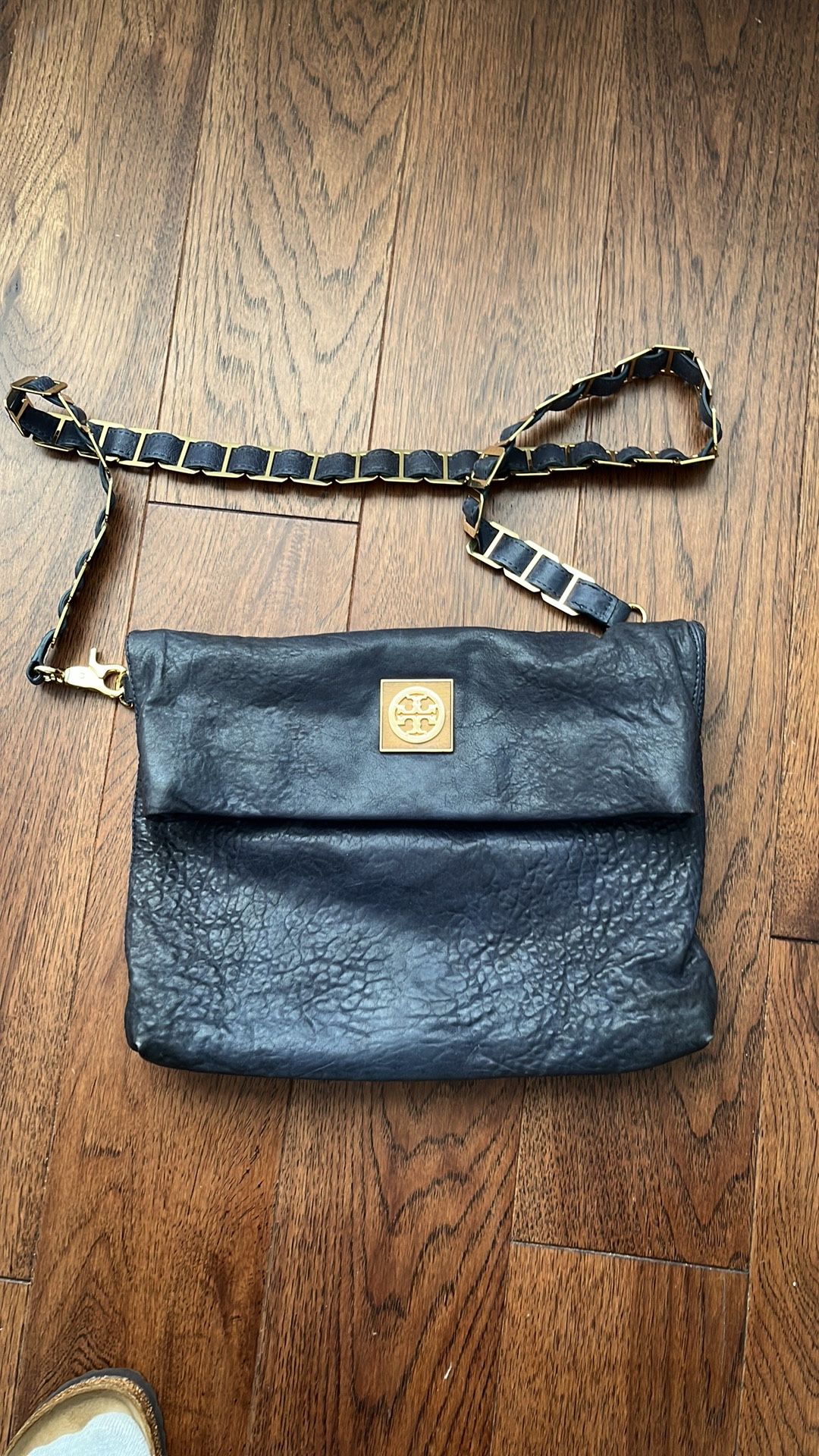 Tory Burch Dena Fold Over Convertible Gold Chain Navy Leather Shoulder Bag