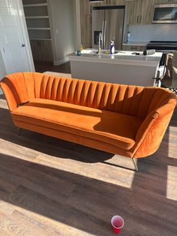 Orange Velvet Channel Tufted Sofa