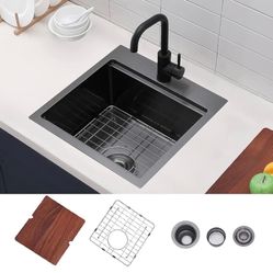 21x20 Inch Black Drop In Kitchen Sink Workstation - VAPSINT 21 Inch Topmount Gunmetal Black Bar Sink BCW-1 $80
