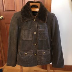 Dunne and Cole Brown Leather Button Jacket Coat with Fur Collar Size M