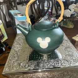 Vintage Disney Mickey Mouse Tea Pot Large Forest Green Cane Handle Thailand