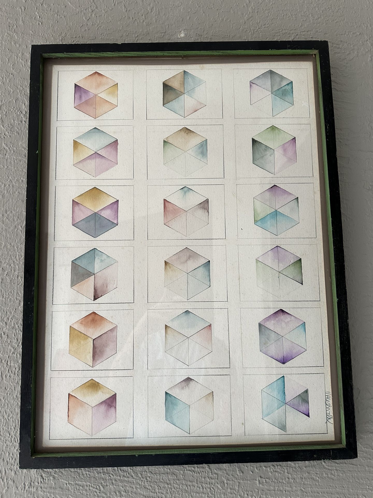 Vintage Geometric Op Art Water Color Mid Century Modern Wall Art Signed Cubist