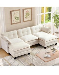 Cream Sectional Sofa with Double Ottoman