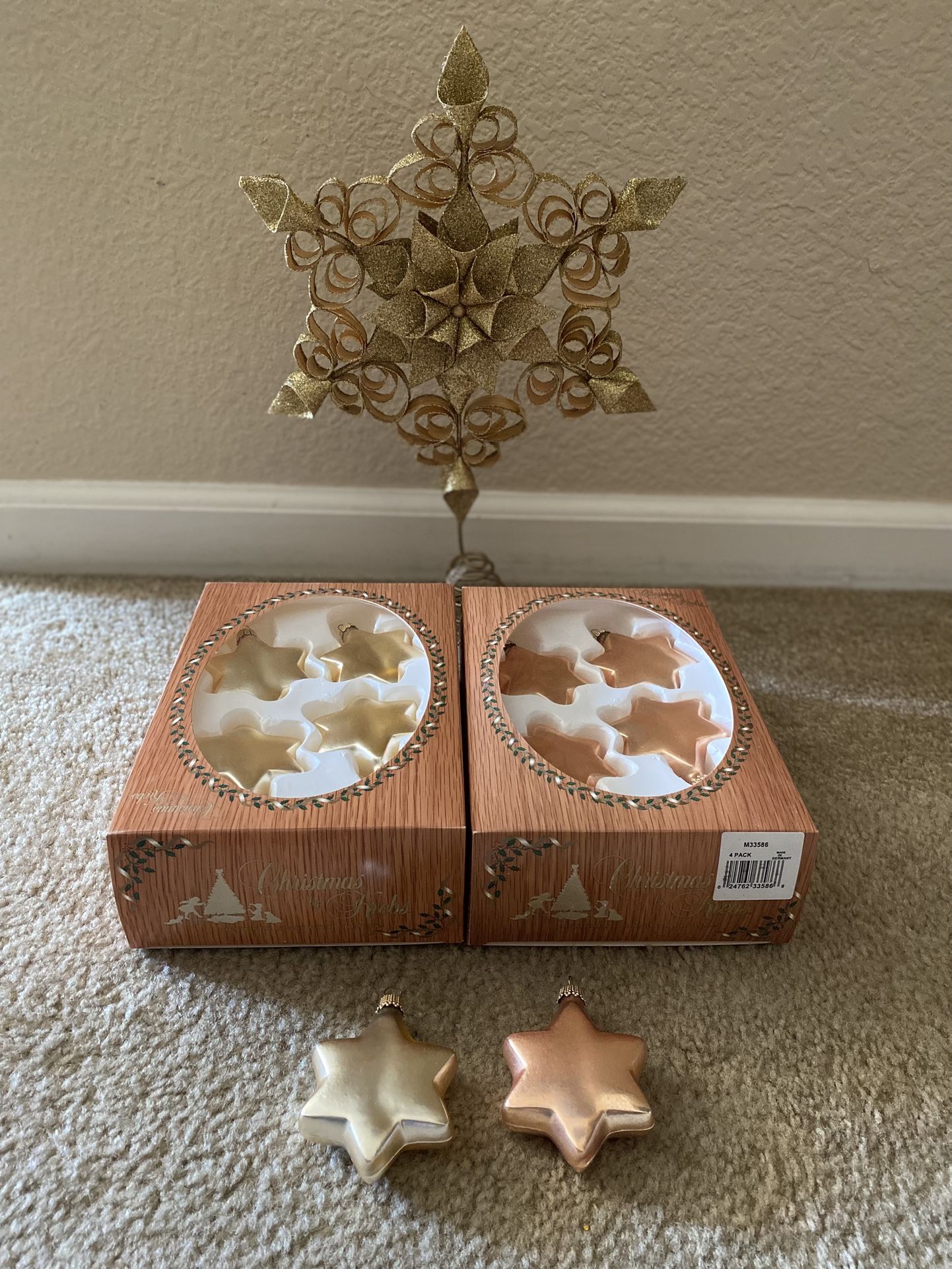 Gold Star Christmas Tree Topper and Glass Ornaments