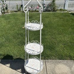 White Wrought Iron Plant Stand Or Can Be Used As A Stand 3 Shelves, Shelves Are Inlay With White & Flower Tiles