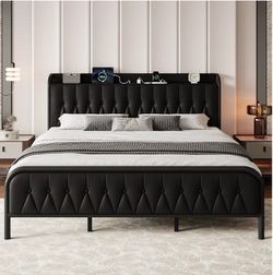 Black Queen Faux Leather Bed Frame with Charging Station