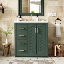 30'' Bathroom Vanity with Ceramic Sink Combo,Solid Wood Frame Bathroom Storage