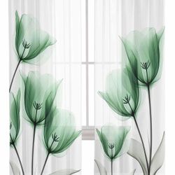 Spring Floral Sheer Curtains 84 inches Long 2 Panels Set Green Abstract Tulip Blooming Flower Leaf Modern Sheer