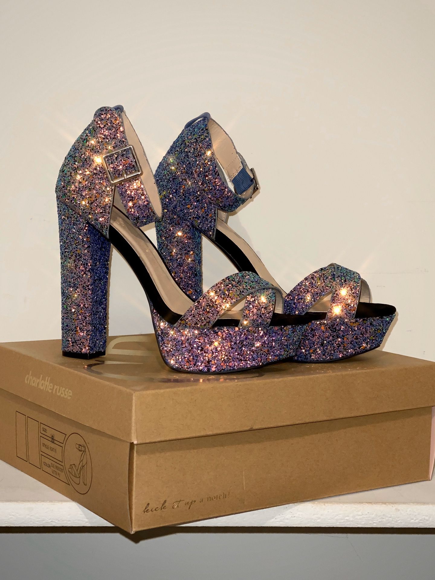 Charlotte Russe, Blue Iridescent Glitter Strappy Platform Heels, Size: 8