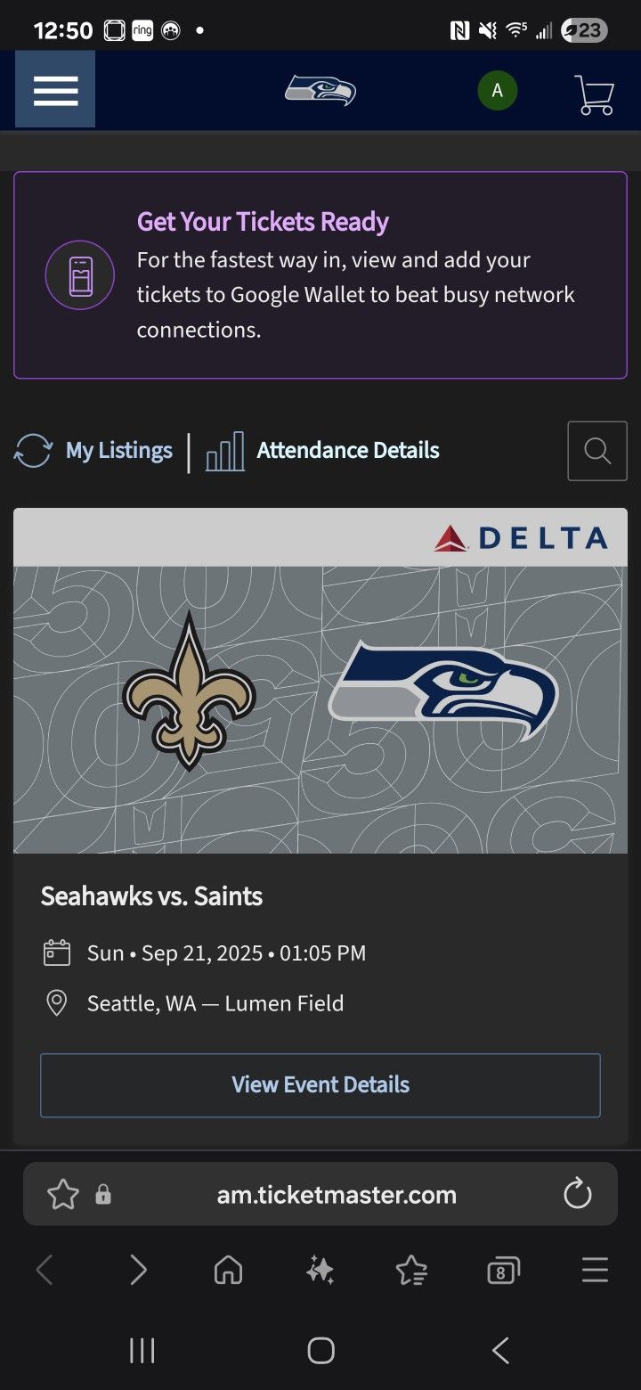 Seahawks Vs Saints,Section 149 Row 3!