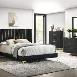New 4 PC Queen Bedroom Set With Queen Bedframe Dresser Mirror Nightstand On Sale Now Don't Miss
