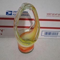 Vintage Hand Blown Art Glass Yellow Orange Swirl Basket Vase 6.5"
