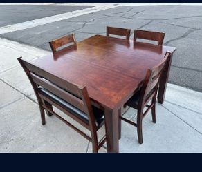 dining room table, chairs, bench 