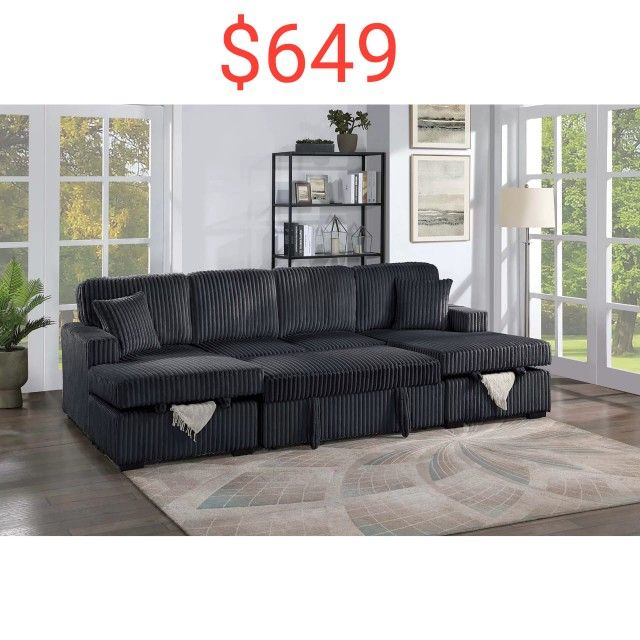 Black Or Brown Corduroy U Shaped Double Chaise Sectional Couch With Pull Out Bed - Limited Time Offer