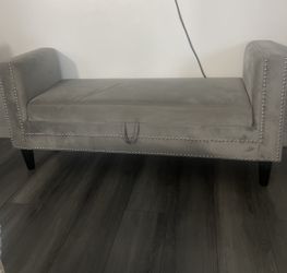 Grey Velvet Storage Bench with Nailhead Trim