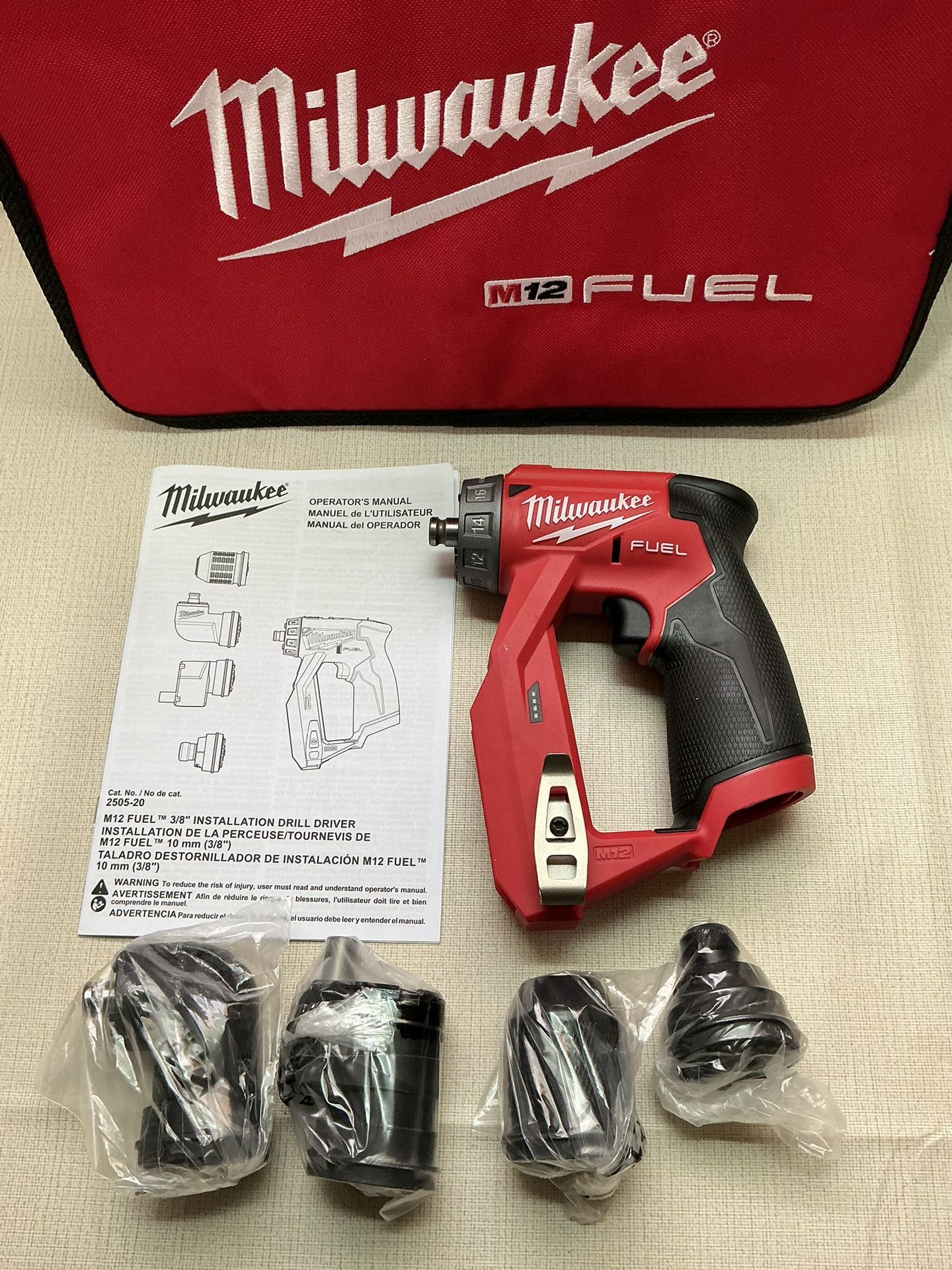 Milwaukee. M12 FUEL  Lithium-Ion Brushless Cordless 4-in-1 Installation 3/8 in. Drill Driver with 4 Tool Head (Tool-Only). 2505-20.