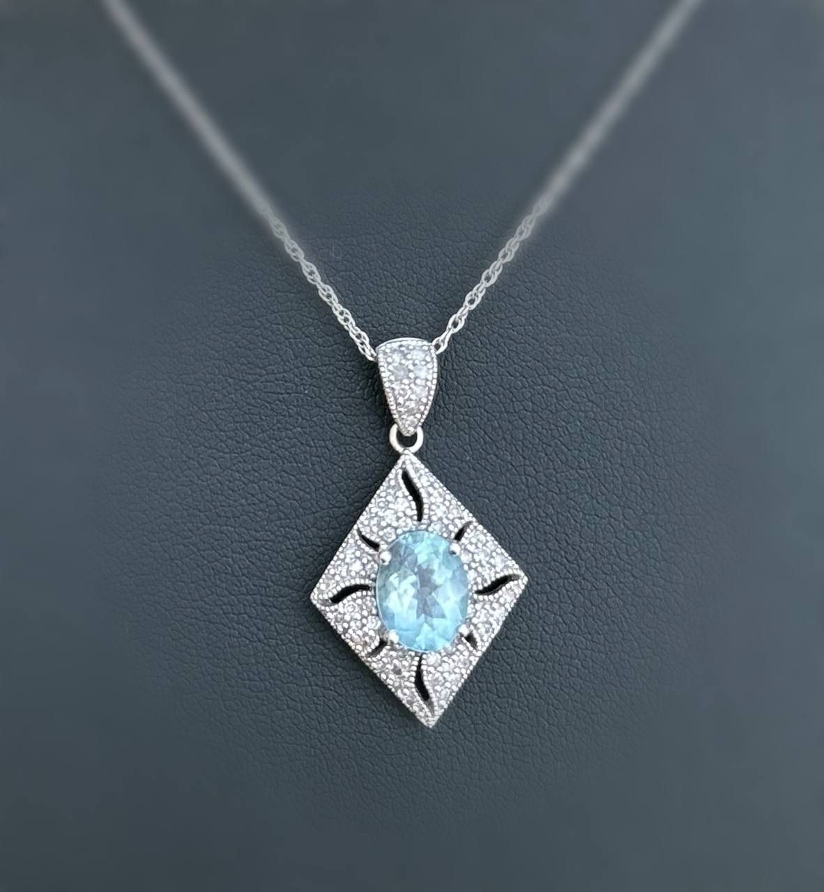 Jewelry 10k solid white gold Pendant natural diamonds 0.30CTW diamonds aquamarine 1.5CTW triangle charm