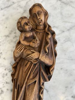 Vintage Madonna and Child Wall Mount Wood Carving Made in Western Germany Wall Art Mary Jesus Antique Collectible 