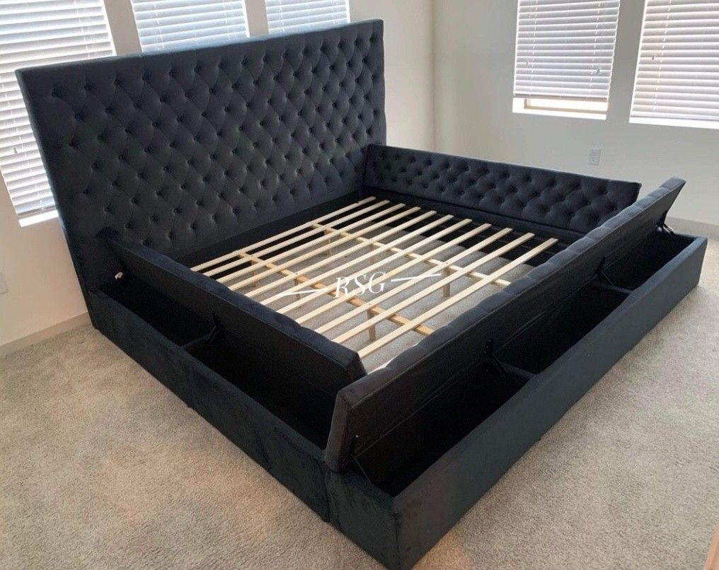 Rectangular And Circle Shape Round Storage Velvet Tufted Bed Frame 🪟 Queen Size Bed Frame With Storage//King Size Bed Frame With Storage 