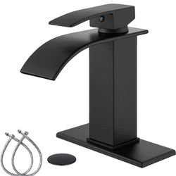 Matte Black Bathroom Sink Faucet Waterfall Spout Single Handle 1 Hole Deck Mount Mixer Tap Lavatory Vanity Sink Faucet Commercial with Deck Plate and 