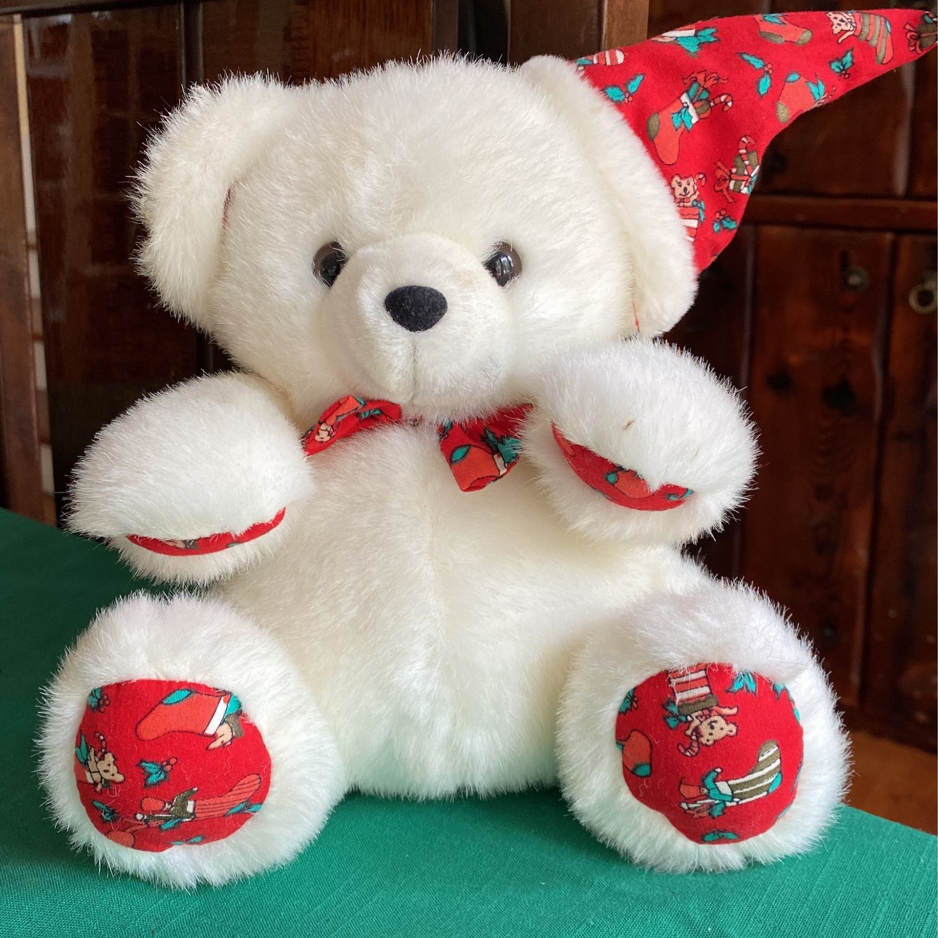 Stephen Smith label stuffed animal white Christmas bear 8 inches tall