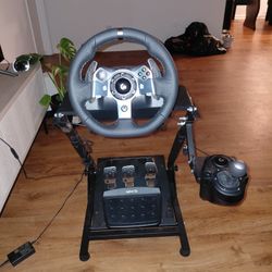 Xbox ONE Logitech Wheel, Pedals & Shifter Mounted On Stand.