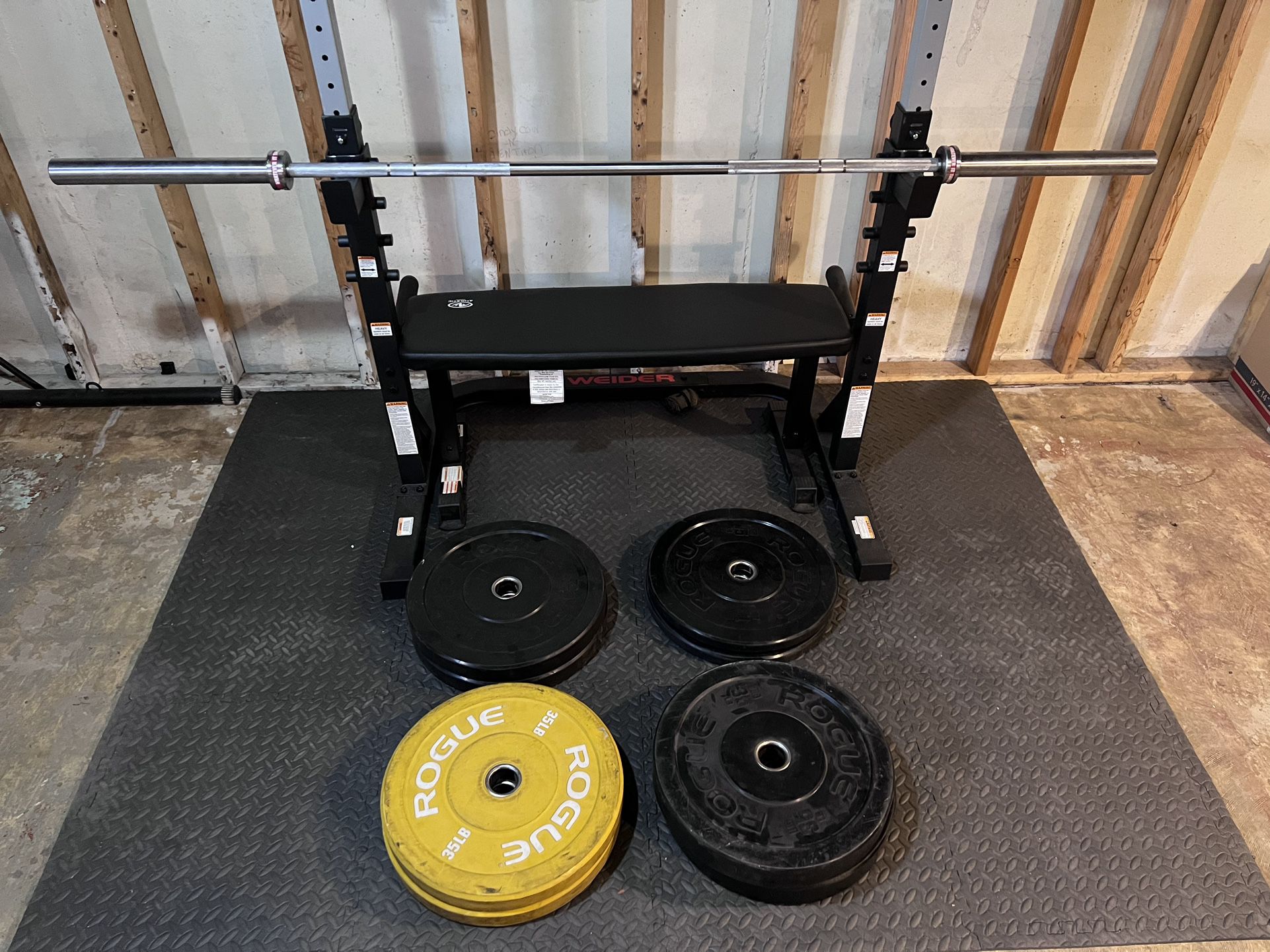 Rouge Plates And Squat Rack With Bench