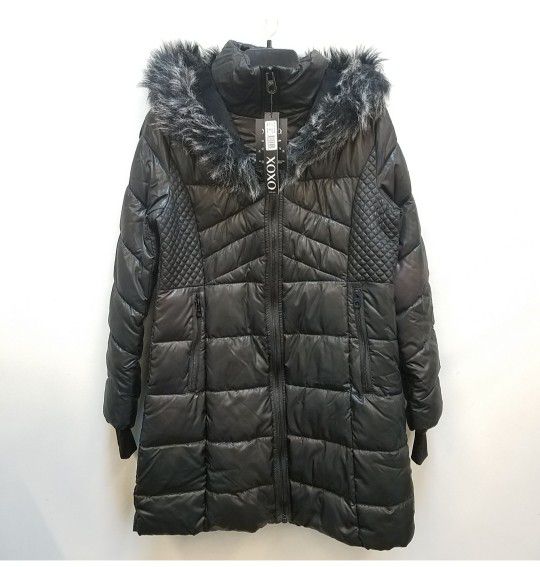 NEW WITH TAGS XOXO Women Black Parka Jacket Size 1XL 100% Vegan Fur