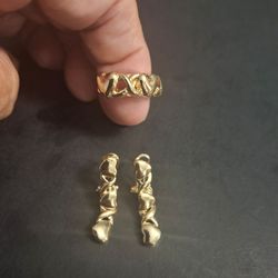 "NEW " Gold-plated 2 PC Set Adjustable Ring & Earrings With Heart Design