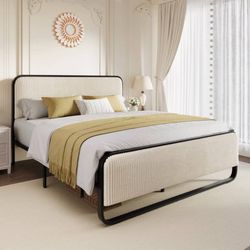 Queen Size Bed Frame, Upholstered Platform Bed with Velvet Curved Headboard and