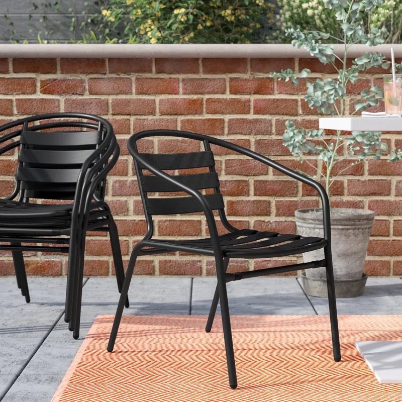 SET OF 4 black metal slat back stackable chairs indoor outdoor patio restaurant bistro cafe porch