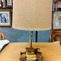 Vintage Rare Brass Antique Car In Wood Base Lamp