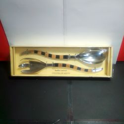 Elegant Vintage Silver & Striped Buffet Server Utensil Set By Pier 1 Imports