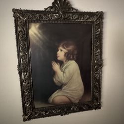 Vintage Lithograph w/ Ornate Filigree Frame and bubble glass