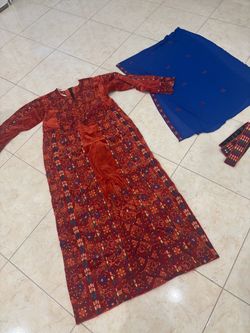 Orange velvet Palestinian dress with royal blue