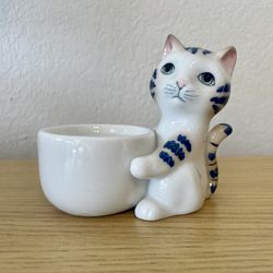 VTG Porcelain Ceramic White Blue Kitty Cat Taper Tea Light Candle Holder Japan