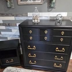 Beautiful Black Dresser With Matching Nightstand By Drexel