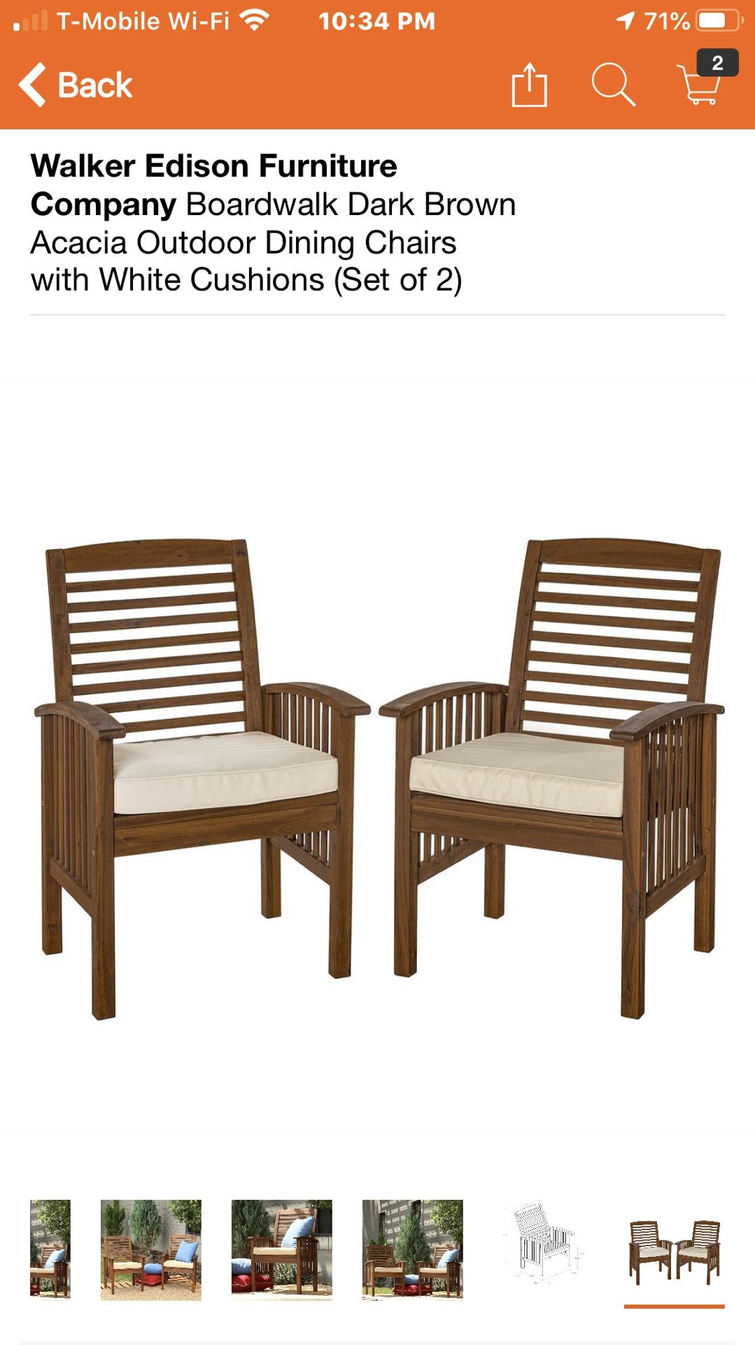 Walker Edison Furniture Company Boardwalk Dark Brown Acacia Outdoor Dining Chairs with White Cushions (Set of 2) reduce price now only $200 no tax re