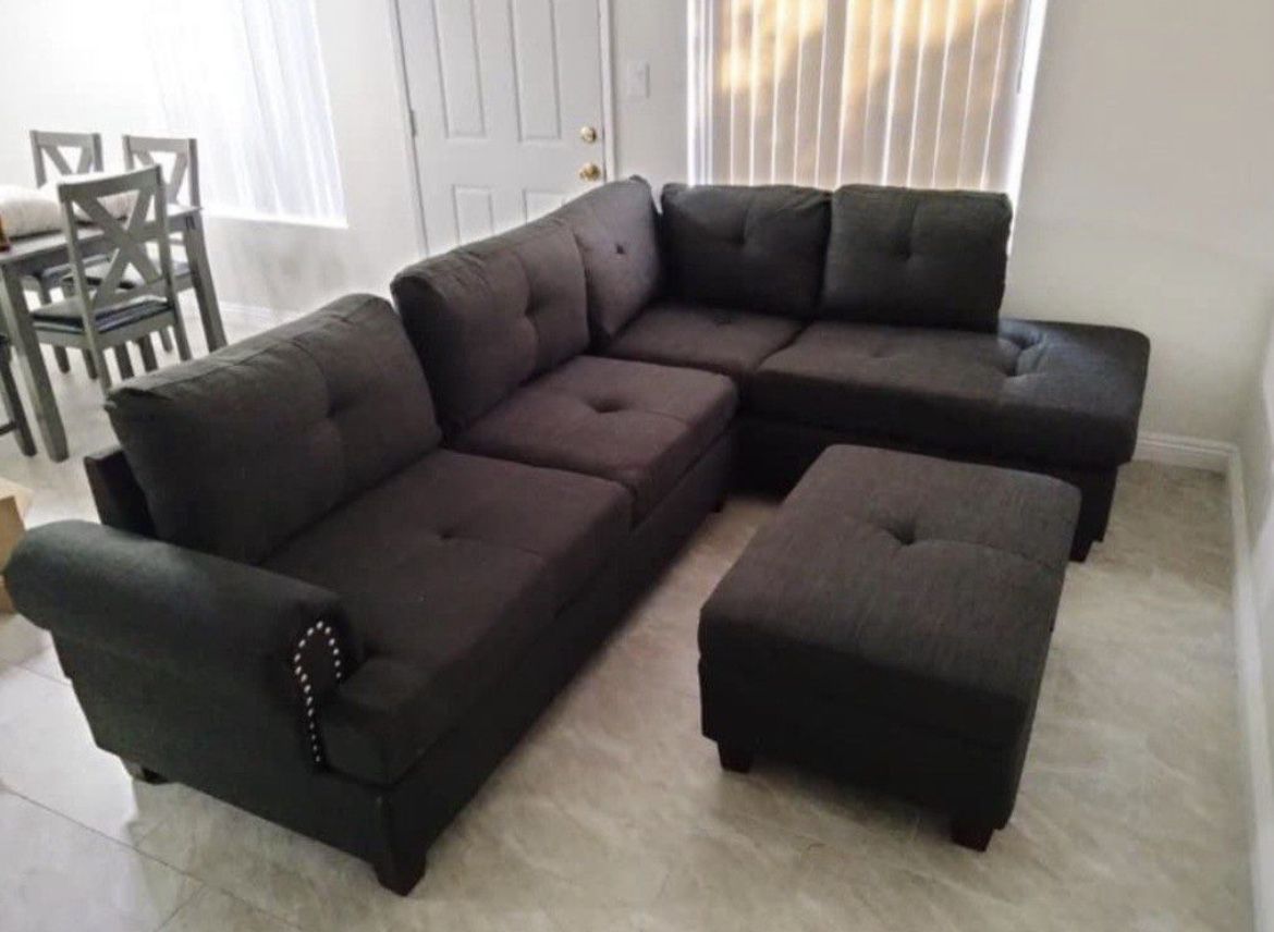 Brand New Black Sectional Sofa With Storage Ottoman 