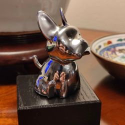 Chrome Metallic French Bulldog Statue on Ebonized Oak Base