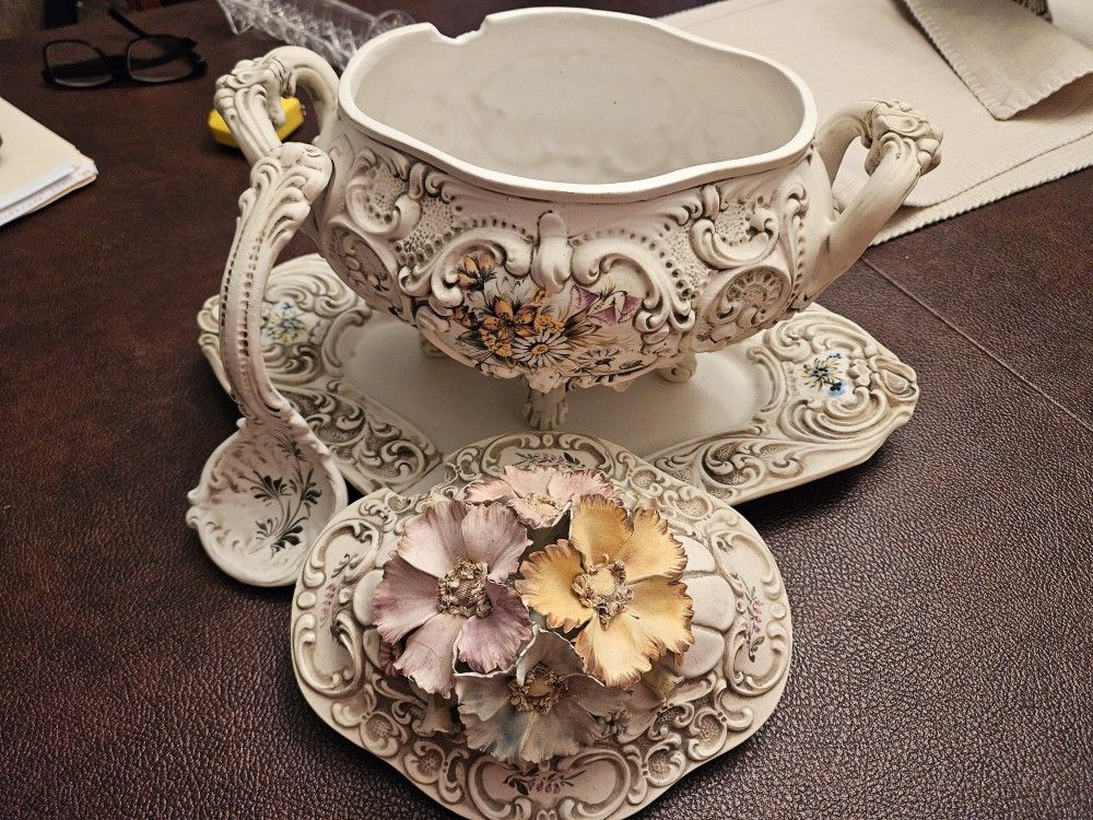 Vintage V.Bassano Porcelain Floral Soup Tureen with Platter for