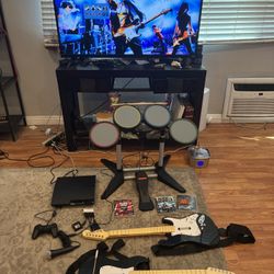 Rock Band Set for PS5, PS4 & PS3, 2 guitars, Drums, 2 Dongles, 3 games Guitar Hero, Mic, PS3 console Tested