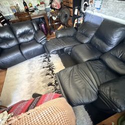 Reclining Genuine Leather Black Sofa Couch Set