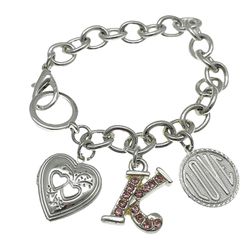 Heart Locket Initial K Charm Bracelet, Silver Plated Metal, Pink Glass Rhinestones, Rolo Belcher Chain, Personalized Jewelry, Retro Vintage Jewelry Gi