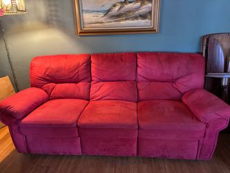 Red Sofa with a Recliner at each end measuring 38”Hx92”Lx24”D; and Red Electric Recliner measuring 37”Hx40”Lx22”D