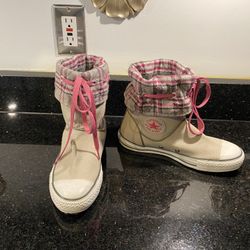 Converse Chuck Taylor Andover High Top Boots Tan Pink Plaid Lace Women’s Size 8
