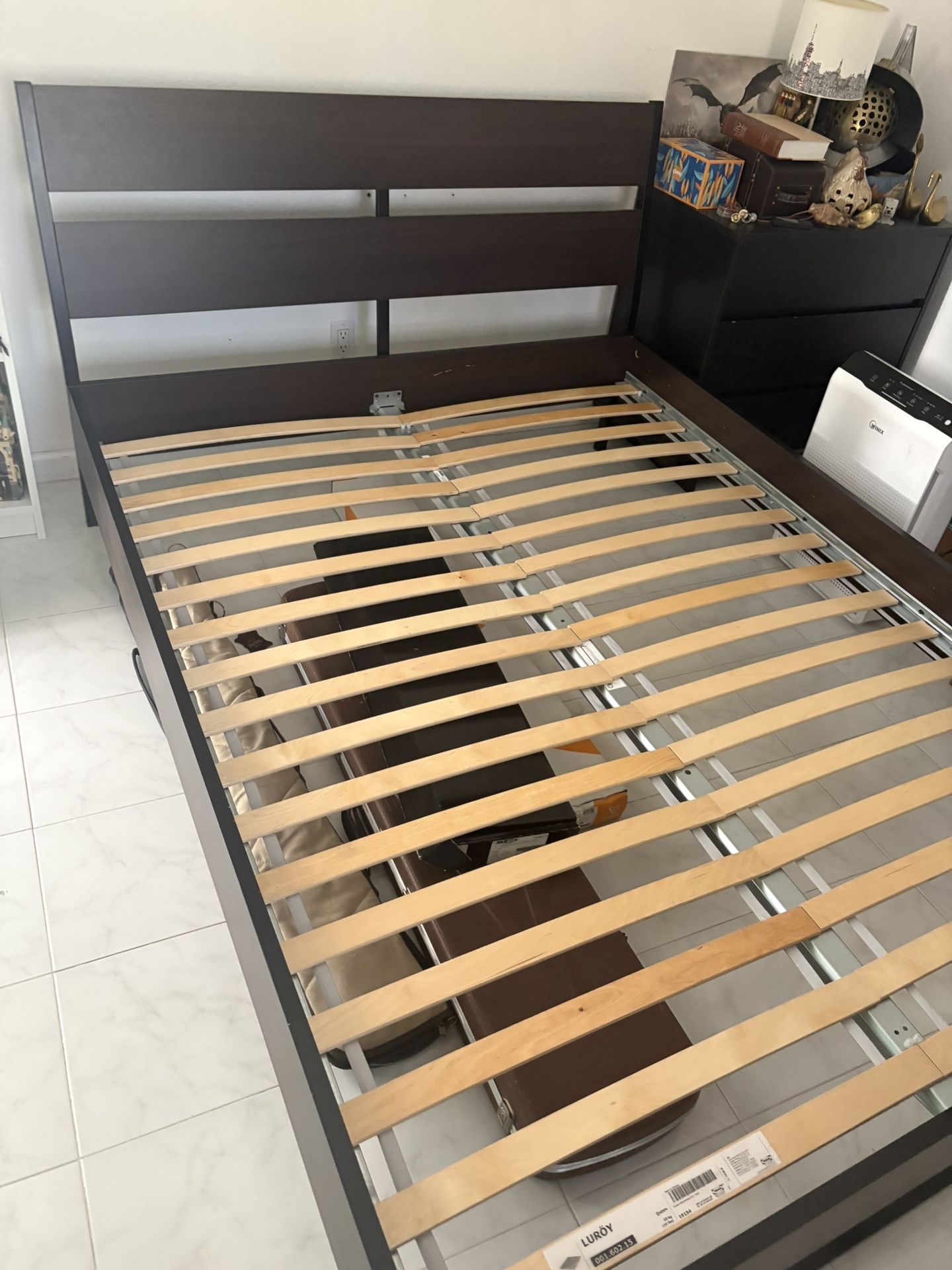 IKEA TRYSIL Bed frame Queen Dark Brown & SKORVA Center Beam Mattress Poland Rare