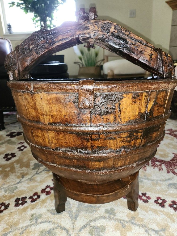 Late 19th Century Antique Chinese Fruitwood Water Bucket With Stand With Hook